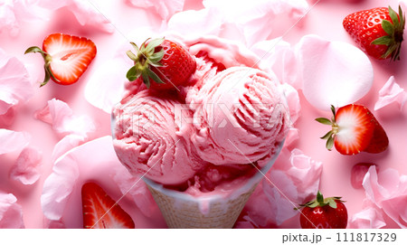 Strawberry ice cream and fresh strawberries on pink background. Popsicles with fresh berries. Strawberry ice cream and fresh strawberries on pink background. Popsicles with fresh berries. 111817329