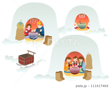 雪国のかまくらで遊ぶ人々 111817469