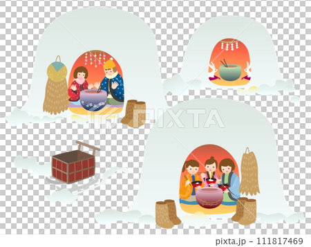 雪国のかまくらで遊ぶ人々 111817469
