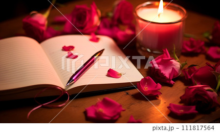 Open journal with pen and scattered rose petals 111817564