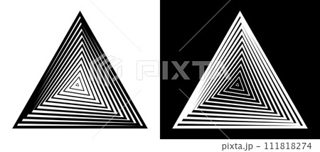 Geometric triangle shape with swirl lines as modern design element, logo or icon. Black shape on a white background and the same white shape on the black side. 111818274