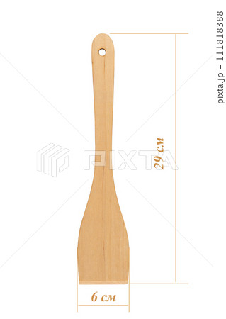 New wooden kitchen spatula with dimensions on a white background. New wooden kitchen spatula with dimensions on a white background. 111818388