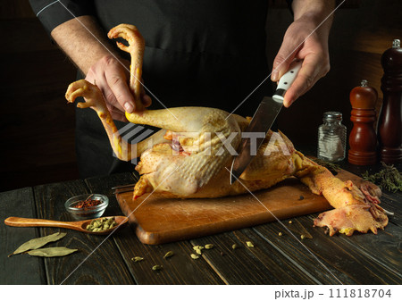A cook cuts a raw rooster with a knife in the kitchen of a public house. Concept of preparing a chicken dish for lunch on a dark background A cook cuts a raw rooster with a knife in the kitchen of a public house. Concept of preparing a chicken dish for lunch on a dark background 111818704