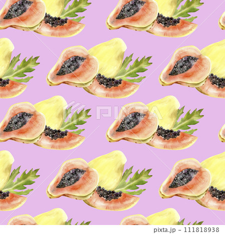 Watercolor tropical papaya fruits seamless pattern on pink background. Exotic ripe , summer food illustration. Papaya slices with green leaves for packing, label , logo design Watercolor tropical papaya fruits seamless pattern on pink background. Exotic ripe , summer food illustration. Papaya slices with green leaves for packing, label , logo design 111818938