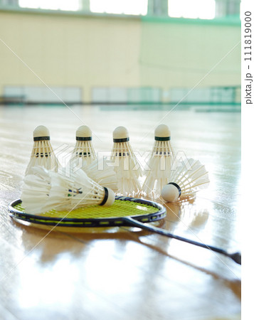 明るい体育館の床の上に置かれたバドミントンのシャトルの様子 111819000