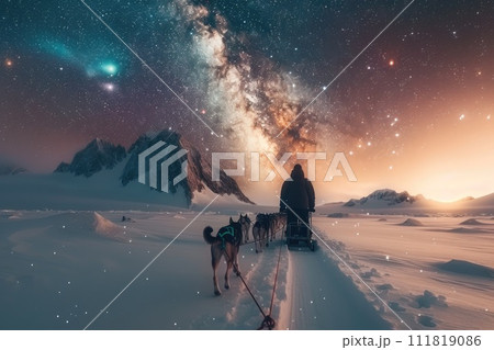 Frozen journey, person with sled of dogs traverses snowy antarctica, an epic adventure through icy landscapes with loyal canine companions, exploring the remote and pristine wildernes 111819086