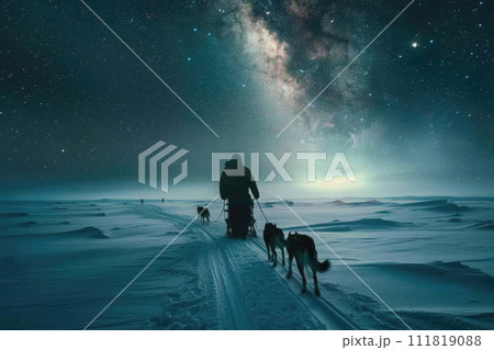 Frozen journey, person with sled of dogs traverses snowy antarctica, an epic adventure through icy landscapes with loyal canine companions, exploring the remote and pristine wildernes 111819088