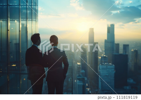 Businessmen on roof - investments, patron, business: economic growth strategic capital investment and innovative building initiatives, success in the dynamic landscape of entrepreneurial development. 111819119