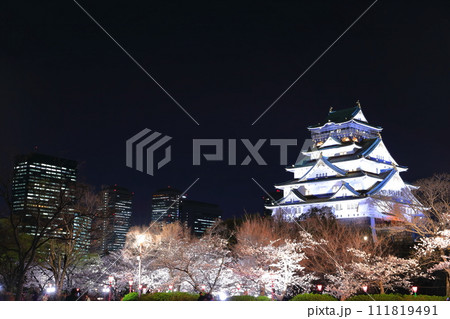 【大阪府】満開の夜桜の大阪城と大阪ビジネスパーク 111819491
