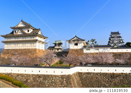 【広島県】満開の桜と復興後の福山城 【広島県】満開の桜と復興後の福山城 111819530