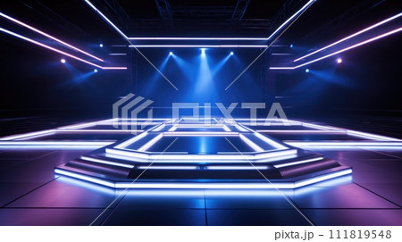 Electrifying stage: mesmerizing scenes LED panels, holographic displays, laser lights, ample copy space, dynamic banners, creating visual symphony for immersive events and cutting-edge presentations. 111819548