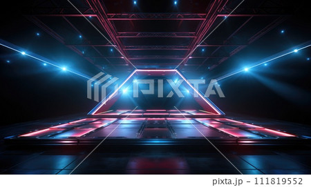 Electrifying stage: mesmerizing scenes LED panels, holographic displays, laser lights, ample copy space, dynamic banners, creating visual symphony for immersive events and cutting-edge presentations. 111819552