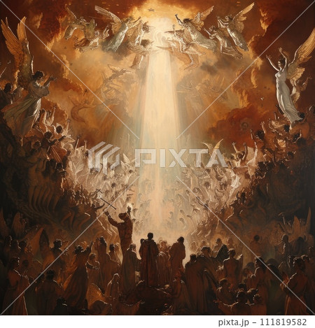 Epic last judgment: a mesmerizing visual narrative capturing the cosmic drama, divine revelations, and ethereal symbolism of the ultimate day of judgment. Epic last judgment: a mesmerizing visual narrative capturing the cosmic drama, divine revelations, and ethereal symbolism of the ultimate day of judgment. 111819582
