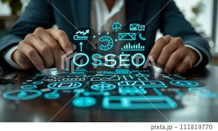 AI-generated content. Creative SEO Marketing and Optimization Symbol in Businessman's Careful Hands 111819770