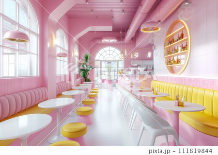 AI-generated content. Retro-Inspired Pink and Yellow Diner Interior with Contemporary Flair and Bright Accents AI-generated content. Retro-Inspired Pink and Yellow Diner Interior with Contemporary Flair and Bright Accents 111819844