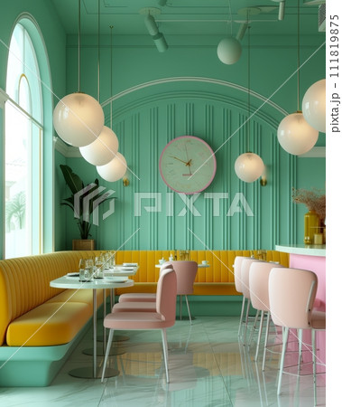 AI-generated content. Vibrant Green Themed Cafe Interior with Pastel Seating and Modern Decor 111819875