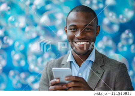 AI-generated content. Networking on the Go: Businessman with Smartphone Surrounded by Virtual Chat Bubbles AI-generated content. Networking on the Go: Businessman with Smartphone Surrounded by Virtual Chat Bubbles 111819935