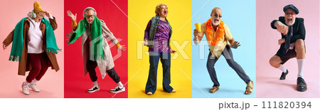 Creative collage made of portraits of retired people, women and men, posing against multicolored studio background. Creative collage made of portraits of retired people, women and men, posing against multicolored studio background. 111820394