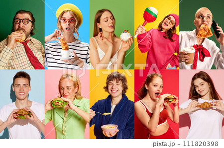 Collage. Young women and men eat delicious meals against multicolored studio background. Organic nutrition. 111820398