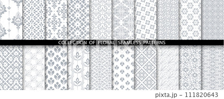 Geometric floral set of seamless patterns. White and gray vector backgrounds. Damask graphic ornaments 111820643