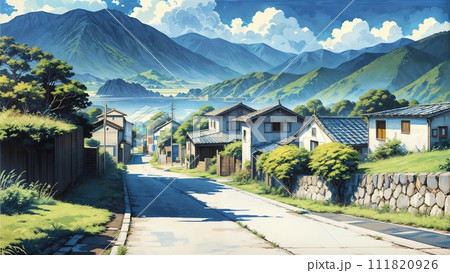 水彩画背景_昭和_夏の田舎_海辺の街_08のイラスト素材