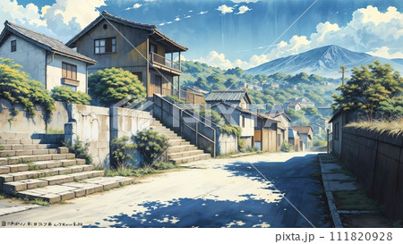 水彩画背景_昭和_夏の田舎_海辺の街_10のイラスト素材 [111820928] - PIXTA