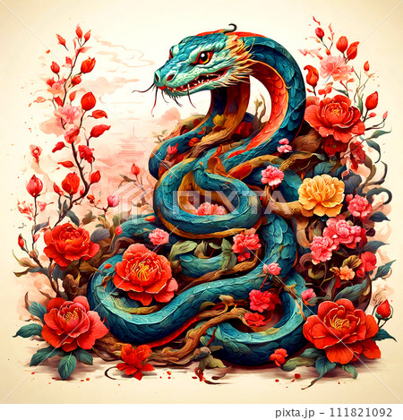 AI-generated chinese style snake in flowers.のイラスト素材 [111821092] - PIXTA
