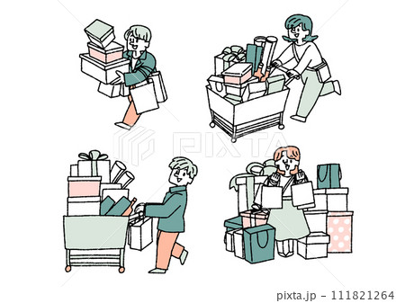 セールや初売りでたくさん買い物をする人々のイラストセット 111821264