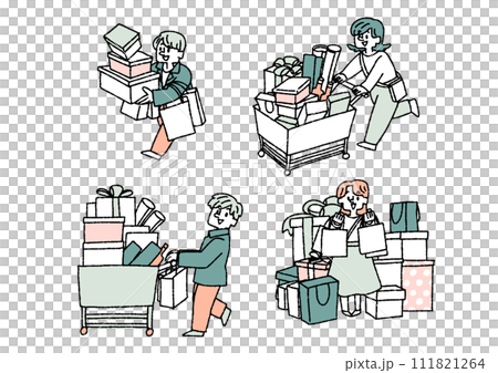セールや初売りでたくさん買い物をする人々のイラストセット 111821264