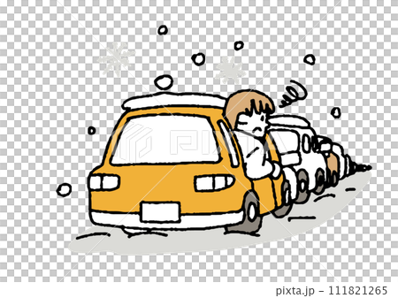 Roads with long traffic jams due to snow. Illustration to avoid damage from heavy snow. Roads with long traffic jams due to snow. Illustration to avoid damage from heavy snow. 111821265