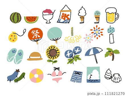 夏に関するグッズや植物、食べ物などのイラストセット 夏に関するグッズや植物、食べ物などのイラストセット 111821270