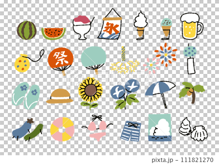 夏に関するグッズや植物、食べ物などのイラストセット 夏に関するグッズや植物、食べ物などのイラストセット 111821270