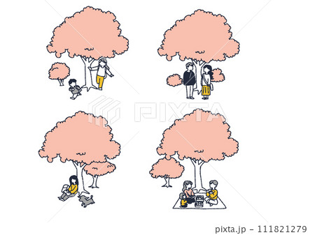 桜の木下で春を感じる人々のイラストセット 111821279