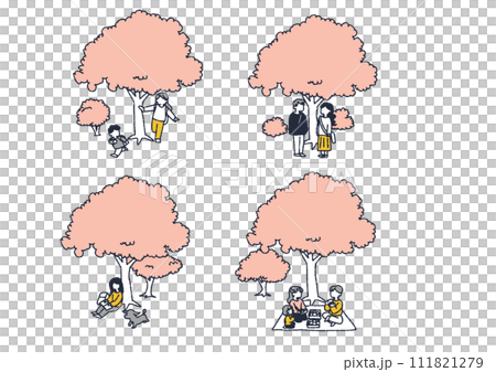 桜の木下で春を感じる人々のイラストセット 111821279