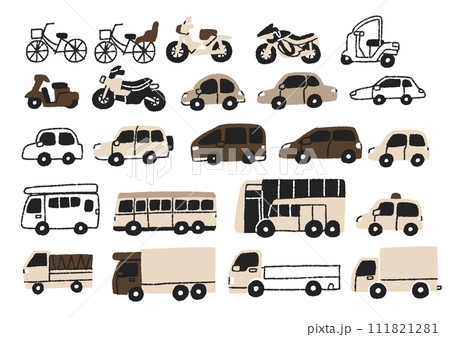 自転車、バイク、乗用車、など色々な乗り物のイラストセット 111821281
