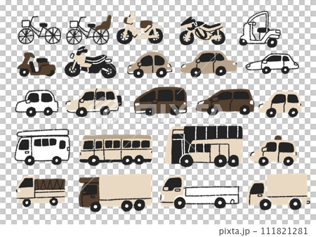 自転車、バイク、乗用車、など色々な乗り物のイラストセット 111821281