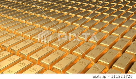 Gold bars. Stacked gold bars. Stack of one kilogram gold bars. Gold bars in bank vault. 3D rendering Gold bars. Stacked gold bars. Stack of one kilogram gold bars. Gold bars in bank vault. 3D rendering 111821729