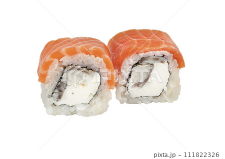 Sushi closeup isolated on white background. Sushi roll baked with red fish, trout, Philadelphia  111822326