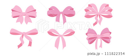 Pink bow coquette y2k aesthetic ribbon, elegant accessory, pastel tie isolated on white background. Lovely satin knot. 111822354
