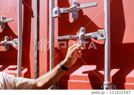 Customs officers inspector seals ready container for export 111822597