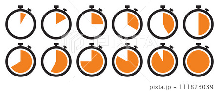 Stopwatch icon set in orange color. Stopwatch symbol set. Collection of timer icon set in orange color on white background. Countdown clock stopwatch, timer vector illustation. Stopwatch icon set in orange color. Stopwatch symbol set. Collection of timer icon set in orange color on white background. Countdown clock stopwatch, timer vector illustation. 111823039