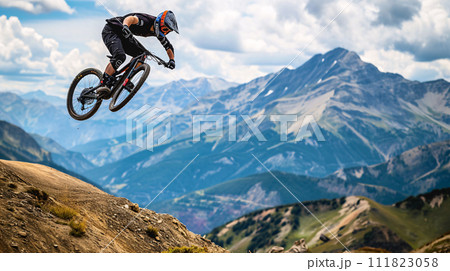 a mountain biker soaring through the air against a breathtaking mountainous backdrop 111823058