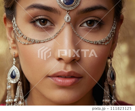 A woman with silver jewelry on her head. 111823125