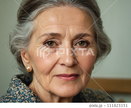 Sad elderly woman in a flower dress. 111823151