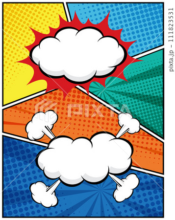 vertical abstract comic book, pop art cartoon layout template halftone dotted background with blank space 111823531