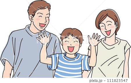 親子3人_パパ_ママ_男の子_笑顔_上半身 親子3人_パパ_ママ_男の子_笑顔_上半身 111823547