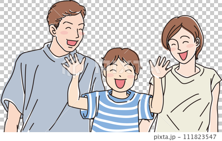 親子3人_パパ_ママ_男の子_笑顔_上半身 親子3人_パパ_ママ_男の子_笑顔_上半身 111823547