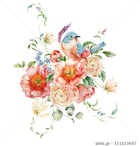 Watercolor bouquet of ranunculi, peonies, forget-me-not and song bird. Hand painted card of floral elements isolated on white background. Holiday flowers Illustration for design, print or background. Watercolor bouquet of ranunculi, peonies, forget-me-not and song bird. Hand painted card of floral elements isolated on white background. Holiday flowers Illustration for design, print or background. 111823687