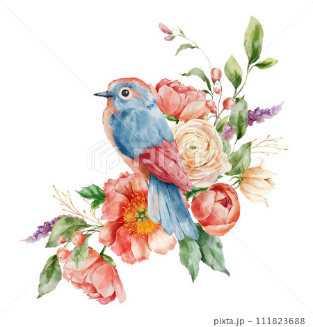 Watercolor bouquet of peonies, ranunculi, gold branch and song bird. Hand painted card of floral elements isolated on white background. Holiday flowers Illustration for design, print or background. Watercolor bouquet of peonies, ranunculi, gold branch and song bird. Hand painted card of floral elements isolated on white background. Holiday flowers Illustration for design, print or background. 111823688