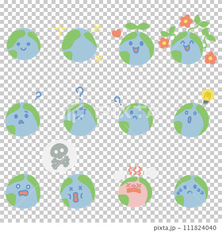 An illustration set of simply deformed Earth characters with various expressions. 111824040